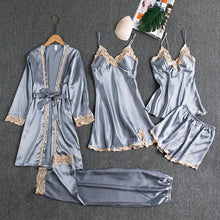 Lade das Bild in den Galerie-Viewer, Sleepwear Female 5PCS Pajamas Set Satin Pyjamamas Lace Patchwork Bridal Wedding Nightwear Rayon Home Wear Nighty&Robe Suit