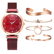 Lade das Bild in den Galerie-Viewer, Fashion 5pcs Set Women Watches Luxury Magnet Buckle Flower Rhinestone Watch Ladies Quartz Wrist Watch Bracelet Set Reloj Mujer