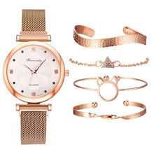 Lade das Bild in den Galerie-Viewer, Fashion 5pcs Set Women Watches Luxury Magnet Buckle Flower Rhinestone Watch Ladies Quartz Wrist Watch Bracelet Set Reloj Mujer