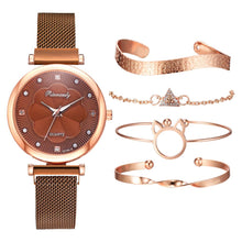 Lade das Bild in den Galerie-Viewer, Fashion 5pcs Set Women Watches Luxury Magnet Buckle Flower Rhinestone Watch Ladies Quartz Wrist Watch Bracelet Set Reloj Mujer
