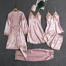 Lade das Bild in den Galerie-Viewer, Sleepwear Female 5PCS Pajamas Set Satin Pyjamamas Lace Patchwork Bridal Wedding Nightwear Rayon Home Wear Nighty&Robe Suit