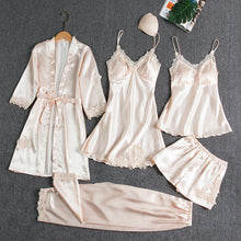 Lade das Bild in den Galerie-Viewer, Sleepwear Female 5PCS Pajamas Set Satin Pyjamamas Lace Patchwork Bridal Wedding Nightwear Rayon Home Wear Nighty&Robe Suit