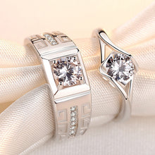 Lade das Bild in den Galerie-Viewer, 2Pcs/Pair Copper Silver Plated Classic Couple Resizeable Engagement Ring Men Women Crystal Adjustable Valentine Gift Wholesale