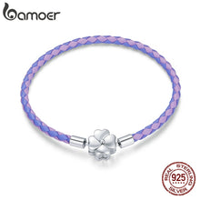 Load image into Gallery viewer, Two Color Lucky Bracelet - 925 Sterling Silver Purple Leather Bracelet Clover European for Women DIY Fine Jewelry