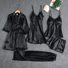 Lade das Bild in den Galerie-Viewer, Sleepwear Female 5PCS Pajamas Set Satin Pyjamamas Lace Patchwork Bridal Wedding Nightwear Rayon Home Wear Nighty&Robe Suit