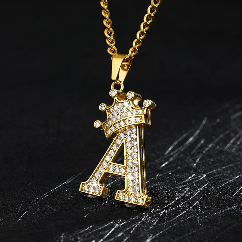 A-Z Crown Alphabet Pendant Necklace cjdropshipping