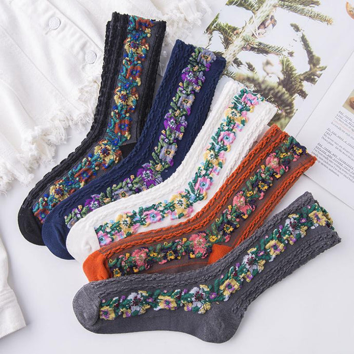 Chaussettes à Fleurs Brodées Vintage (5 paires) ciaovie
