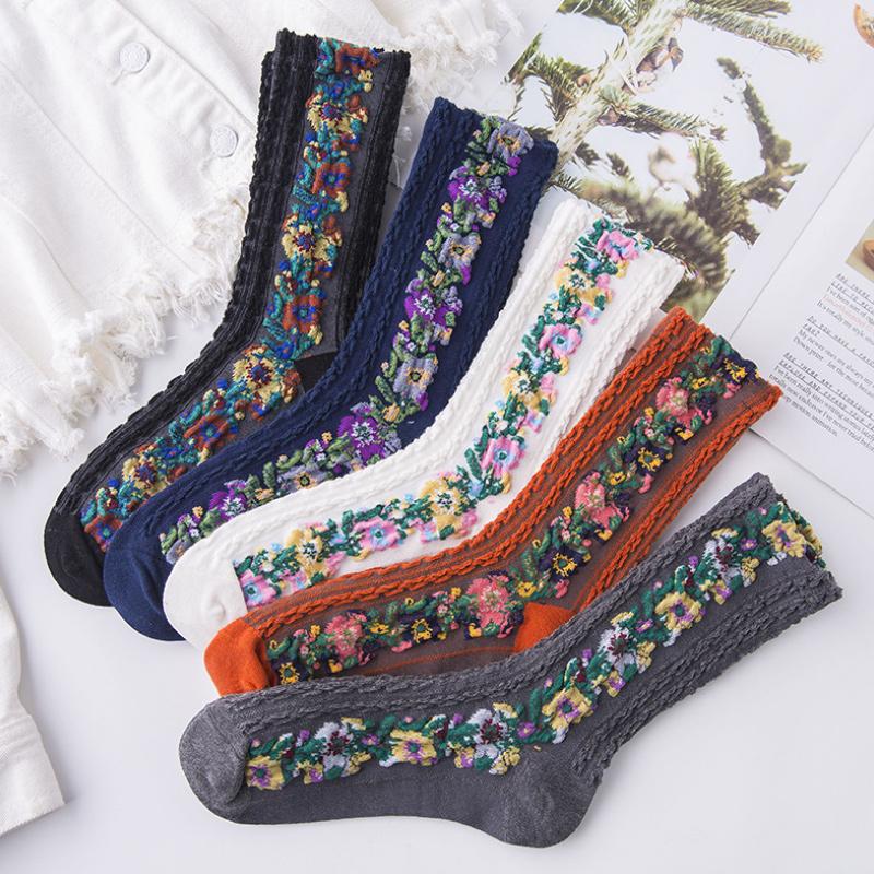 Chaussettes à Fleurs Brodées Vintage (5 paires) ciaovie
