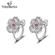 Lade das Bild in den Galerie-Viewer, Todorova Korea Style Crystal Cherry Blossom Flower Clip on Earrings Without Piercing for Girls Party Sweet No Hole Ear Clip

