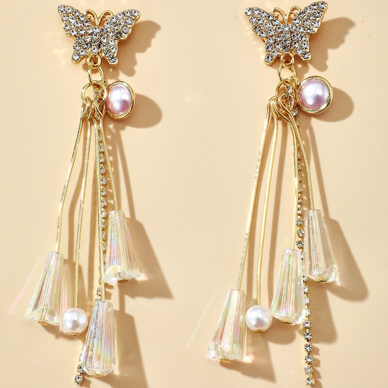 Luxury Crystal Butterfly Stud Earrings Dazzling Rhinestone Imitation Pearl Tassel Dangle Drop Earrings for Women Party Jewelry