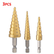 Load image into Gallery viewer, AXK 3pcs 3-12mm 4-12mm 4-20mm HSS Straight Groove Step Drill Bit Set Titanium Coated Wood Metal Hole Cutter Core Drill Bit Set
