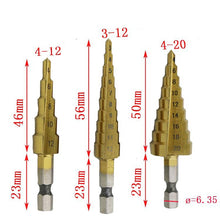 Load image into Gallery viewer, AXK 3pcs 3-12mm 4-12mm 4-20mm HSS Straight Groove Step Drill Bit Set Titanium Coated Wood Metal Hole Cutter Core Drill Bit Set
