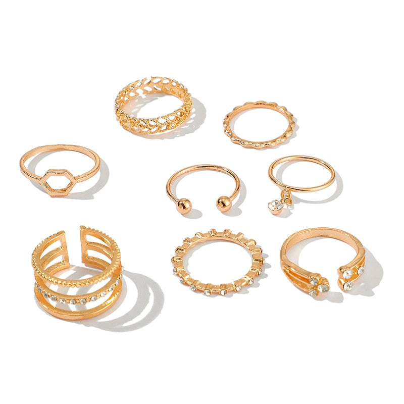 8pcs/sets Bohemian Geometric Rings Sets Clear Crystal Stone Gold Chain Opening Rings eprolo