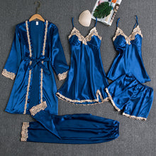Lade das Bild in den Galerie-Viewer, Sleepwear Female 5PCS Pajamas Set Satin Pyjamamas Lace Patchwork Bridal Wedding Nightwear Rayon Home Wear Nighty&amp;Robe Suit

