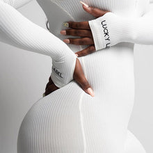 Lade das Bild in den Galerie-Viewer, Streetwear White Knitted Sexy Bodycon Lucky Label Jumpsuit Women Overall 2020 Long Sleeve Skinny Rompers Womens Jumpsuit Female OMG Shop Zone
