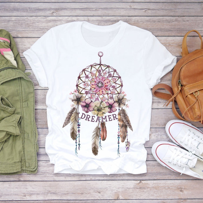Dreamer Short Sleeve  Feather Fashion Print Ladies T-shirts Top DSers