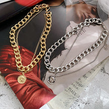 Load image into Gallery viewer, European and American retro portrait of exaggerated thick chain necklace double personality chain hip-hop neck chain short colla
