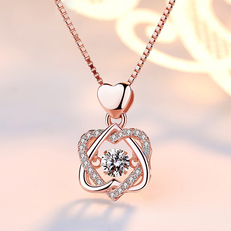 Fashion Romantic Double Heart Flower Pendant Necklace with Zircon Rose Gold/Silver Color Necklace For Women Jewelry OMG Shop Zone