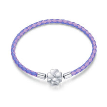 Load image into Gallery viewer, Two Color Lucky Bracelet -  925 Sterling Silver Purple Leather Bracelet Clover European for Women DIY Fine Jewelry
