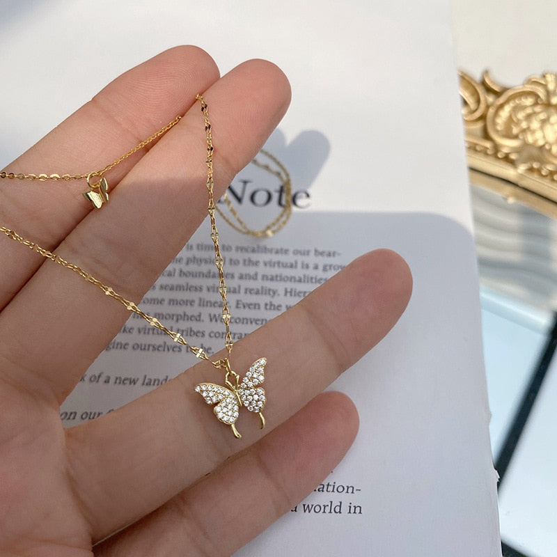 LISM 925 Sterling Silver Flash Diamond Butterfly Double Necklace For Women Simple Design Crystal Elegant Wedding Jewelry Gifts
