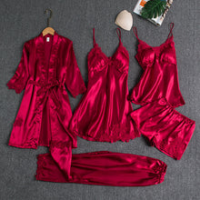 Lade das Bild in den Galerie-Viewer, Sleepwear Female 5PCS Pajamas Set Satin Pyjamamas Lace Patchwork Bridal Wedding Nightwear Rayon Home Wear Nighty&amp;Robe Suit
