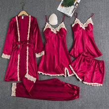 Lade das Bild in den Galerie-Viewer, Sleepwear Female 5PCS Pajamas Set Satin Pyjamamas Lace Patchwork Bridal Wedding Nightwear Rayon Home Wear Nighty&amp;Robe Suit
