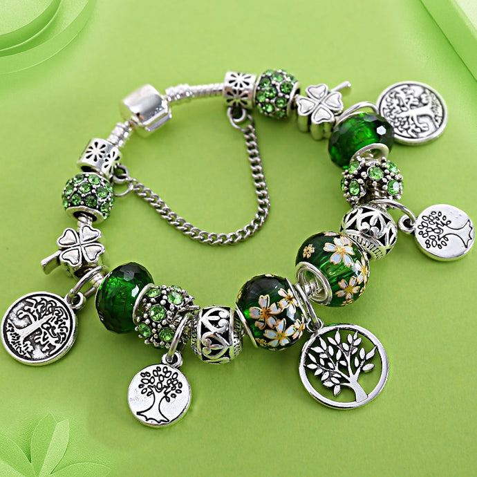 Dropshipping Tibetan Silver Tree of Life Fashion Bead Bracelet Green Leaf Floral Crystal Charm Bracelet & Bangle Pulsera Jewelry DSers
