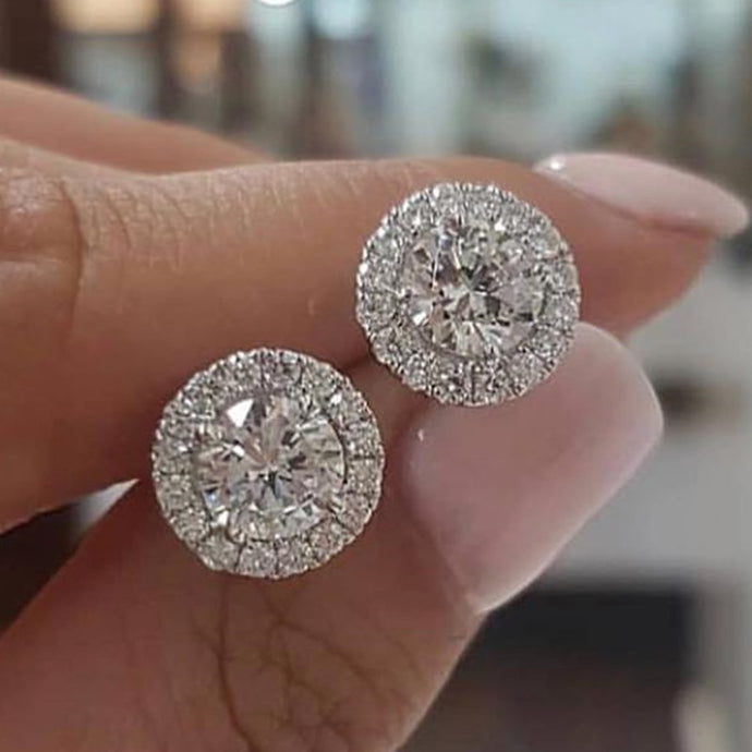 Female Luxury Crystal Round Stud Earrings Vintage Silver Color Wedding Jewelry White Zircon Stone Earrings For Women DSers