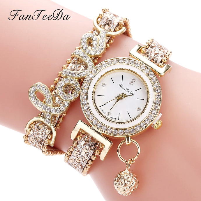 FanTeeDa Top Brand Women Bracelet Watches Ladies Love Leather Strap Rhinestone Quartz Wrist Watch Luxury Fashion Quartz Watch DSers