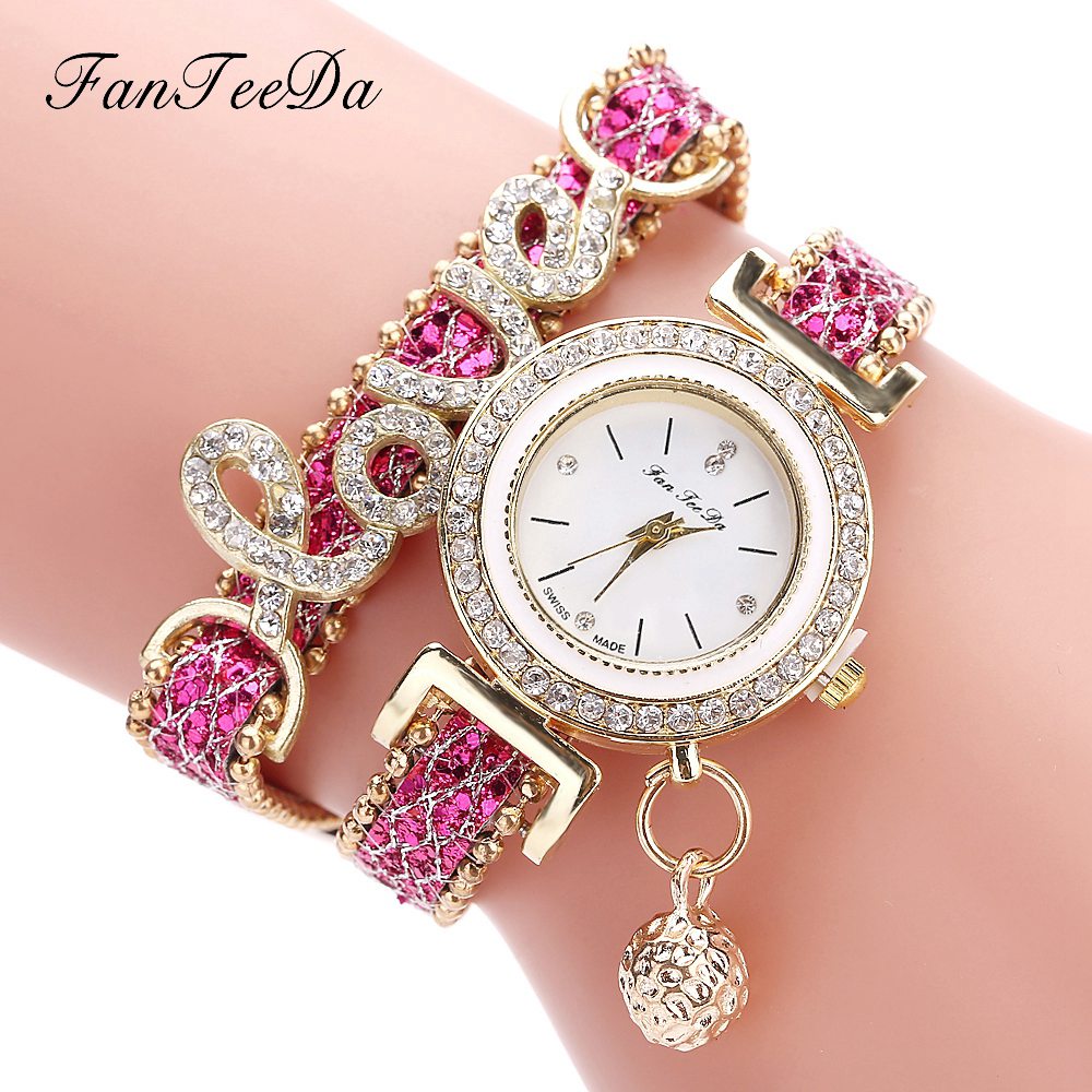 FanTeeDa Top Brand Women Bracelet Watches Ladies Love Leather Strap Rhinestone Quartz Wrist Watch Luxury Fashion Quartz Watch DSers