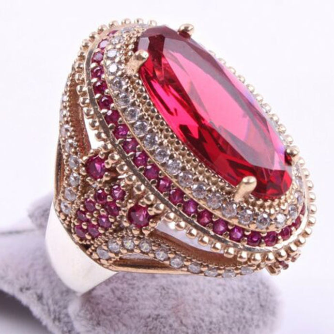 Gorgeous Large Oval Red Stone Ring Luxury Filled CZ Weddings Rings For Women Engagement Fashion Jewelry Gifts Anillos Mujer DSers