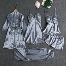 Lade das Bild in den Galerie-Viewer, Sleepwear Female 5PCS Pajamas Set Satin Pyjamamas Lace Patchwork Bridal Wedding Nightwear Rayon Home Wear Nighty&amp;Robe Suit
