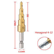 Load image into Gallery viewer, AXK 3pcs 3-12mm 4-12mm 4-20mm HSS Straight Groove Step Drill Bit Set Titanium Coated Wood Metal Hole Cutter Core Drill Bit Set
