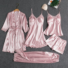 Lade das Bild in den Galerie-Viewer, Sleepwear Female 5PCS Pajamas Set Satin Pyjamamas Lace Patchwork Bridal Wedding Nightwear Rayon Home Wear Nighty&amp;Robe Suit
