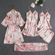Lade das Bild in den Galerie-Viewer, Sleepwear Female 5PCS Pajamas Set Satin Pyjamamas Lace Patchwork Bridal Wedding Nightwear Rayon Home Wear Nighty&amp;Robe Suit
