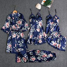 Lade das Bild in den Galerie-Viewer, Sleepwear Female 5PCS Pajamas Set Satin Pyjamamas Lace Patchwork Bridal Wedding Nightwear Rayon Home Wear Nighty&amp;Robe Suit
