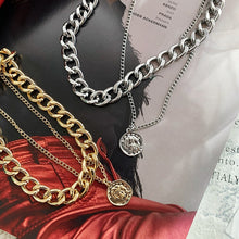 Load image into Gallery viewer, European and American retro portrait of exaggerated thick chain necklace double personality chain hip-hop neck chain short colla
