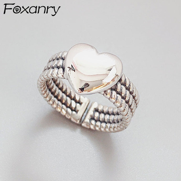 Foxanry 925 Sterling Silver LOVE Heart Rings Vintage Handmade Weave Thai Silver Elegant Party Jewelry Gifts for Women Couples DSers
